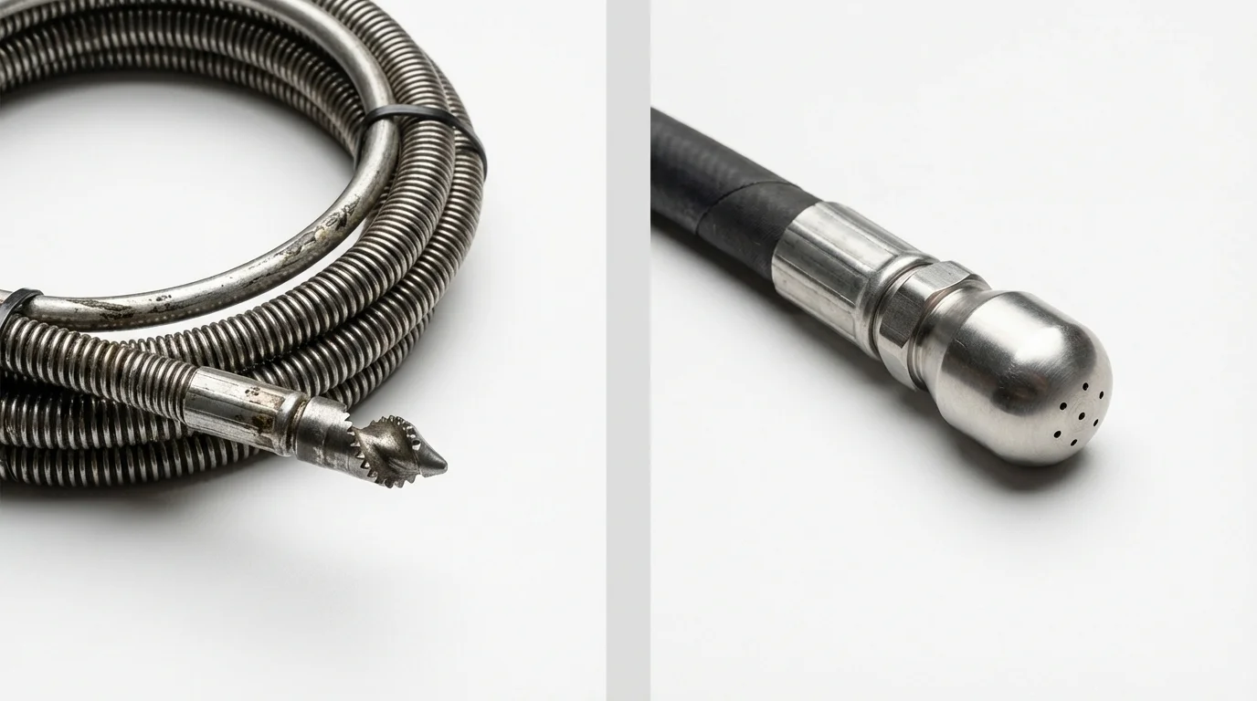 Drain snake cable and hydro jetting nozzle used for drain cleaning in Jefferson, NH