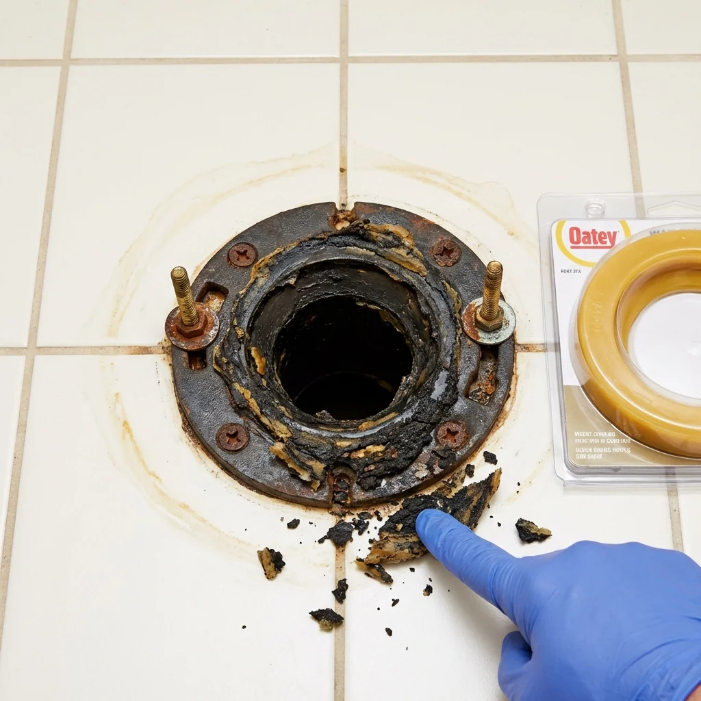 Failed wax ring showing water seepage at the base of a toilet in a Jefferson, NH home