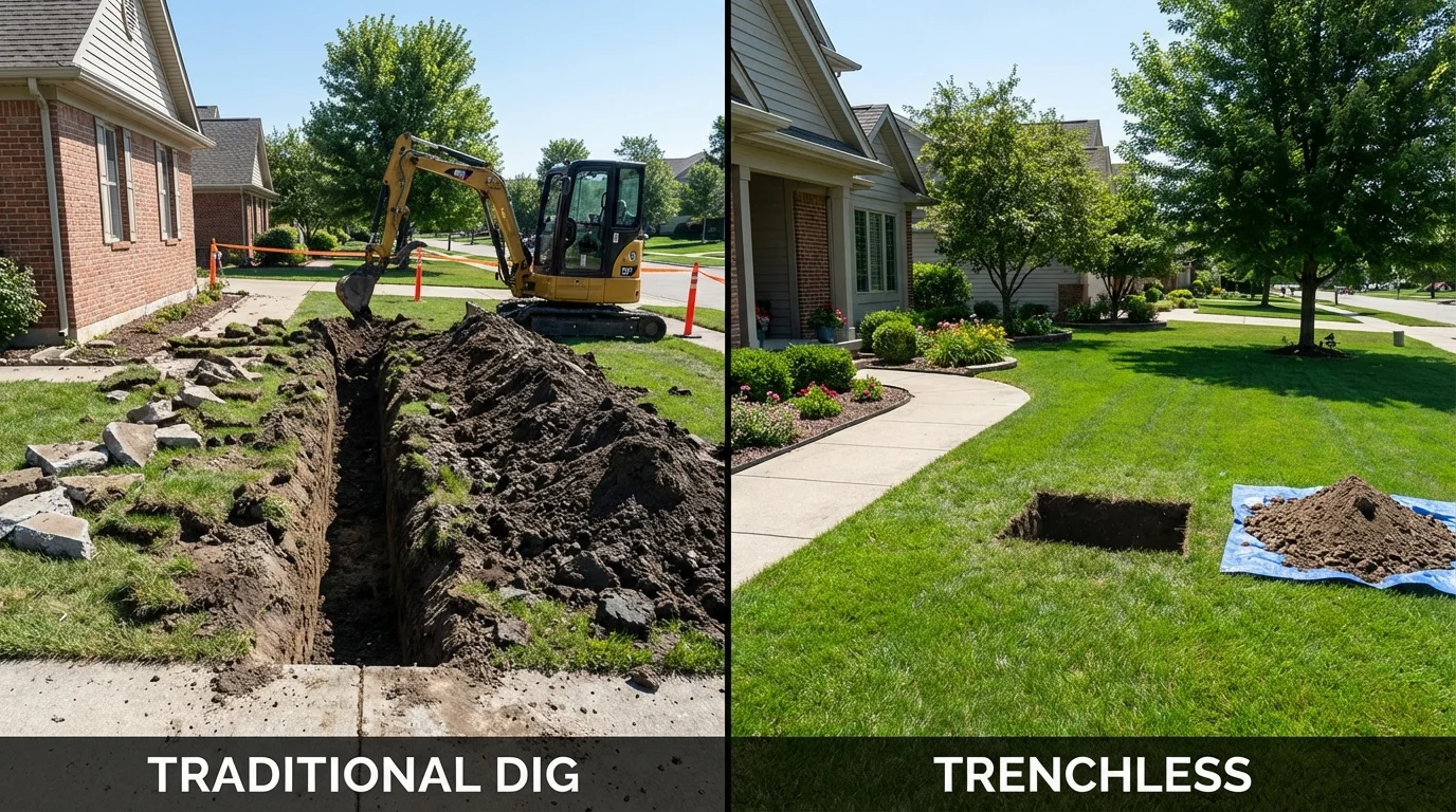Trenchless sewer repair with minimal yard damage versus traditional excavation in Jefferson, NH