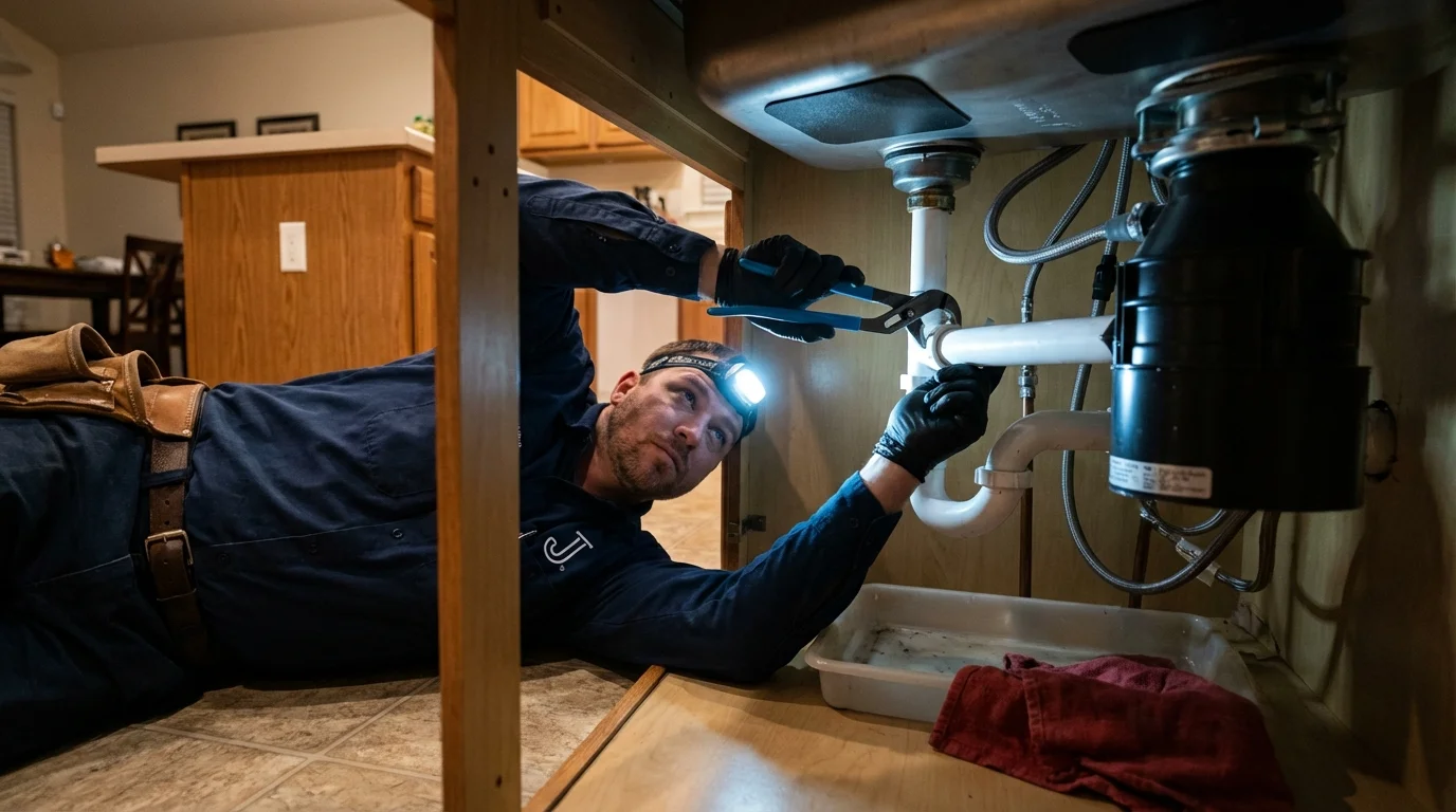 P-trap and supply line connections under a kitchen sink showing a common leak point in Jefferson, NH